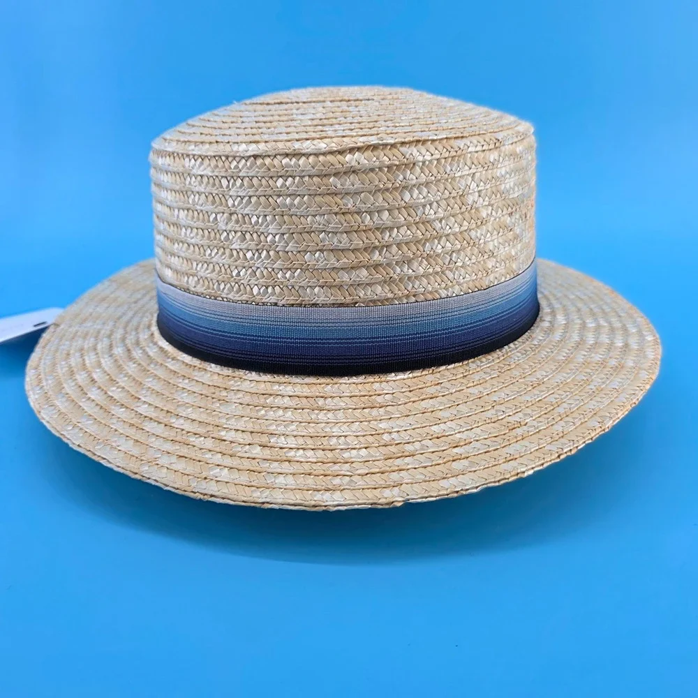 Babeyond Straw Boater‎ Hat Mens/Womens Blue Gradient Ribbon Flat Top Skimmer L